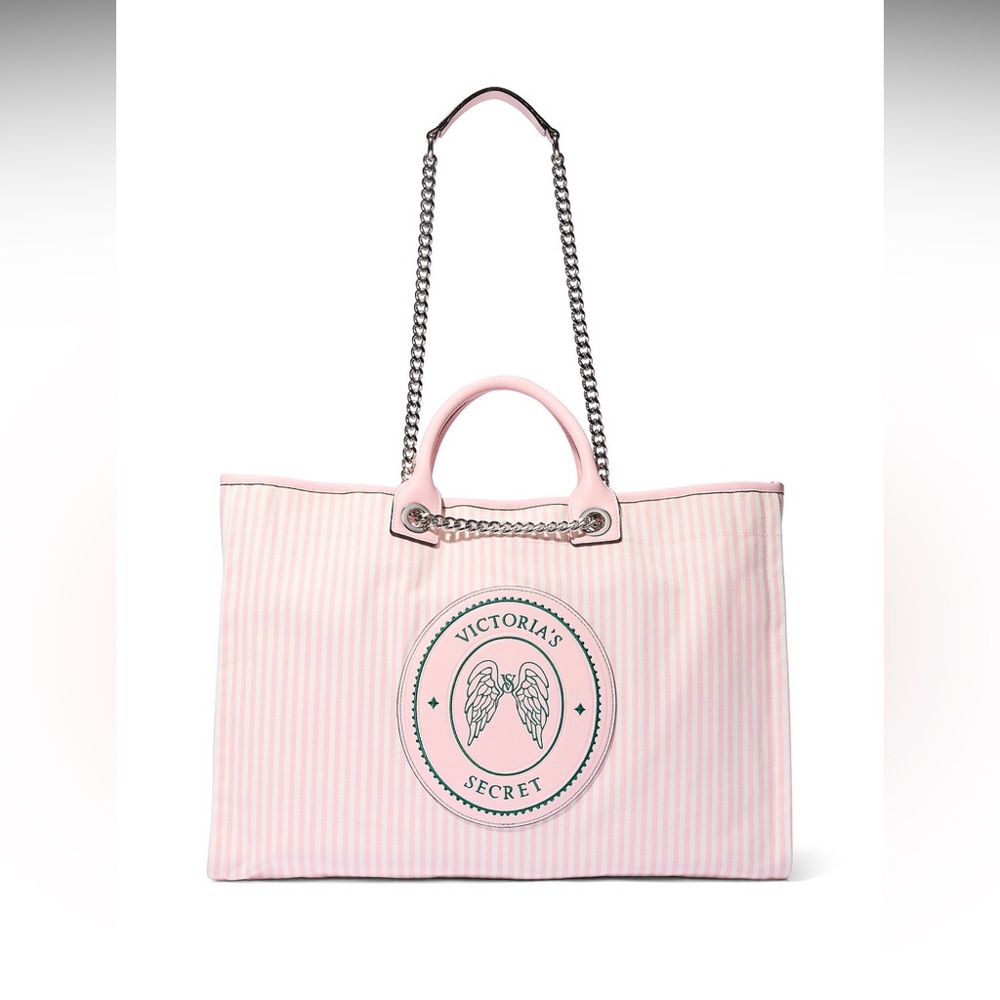 Victoria's Secret Pink Striped Tote with Chain and Top Handles
